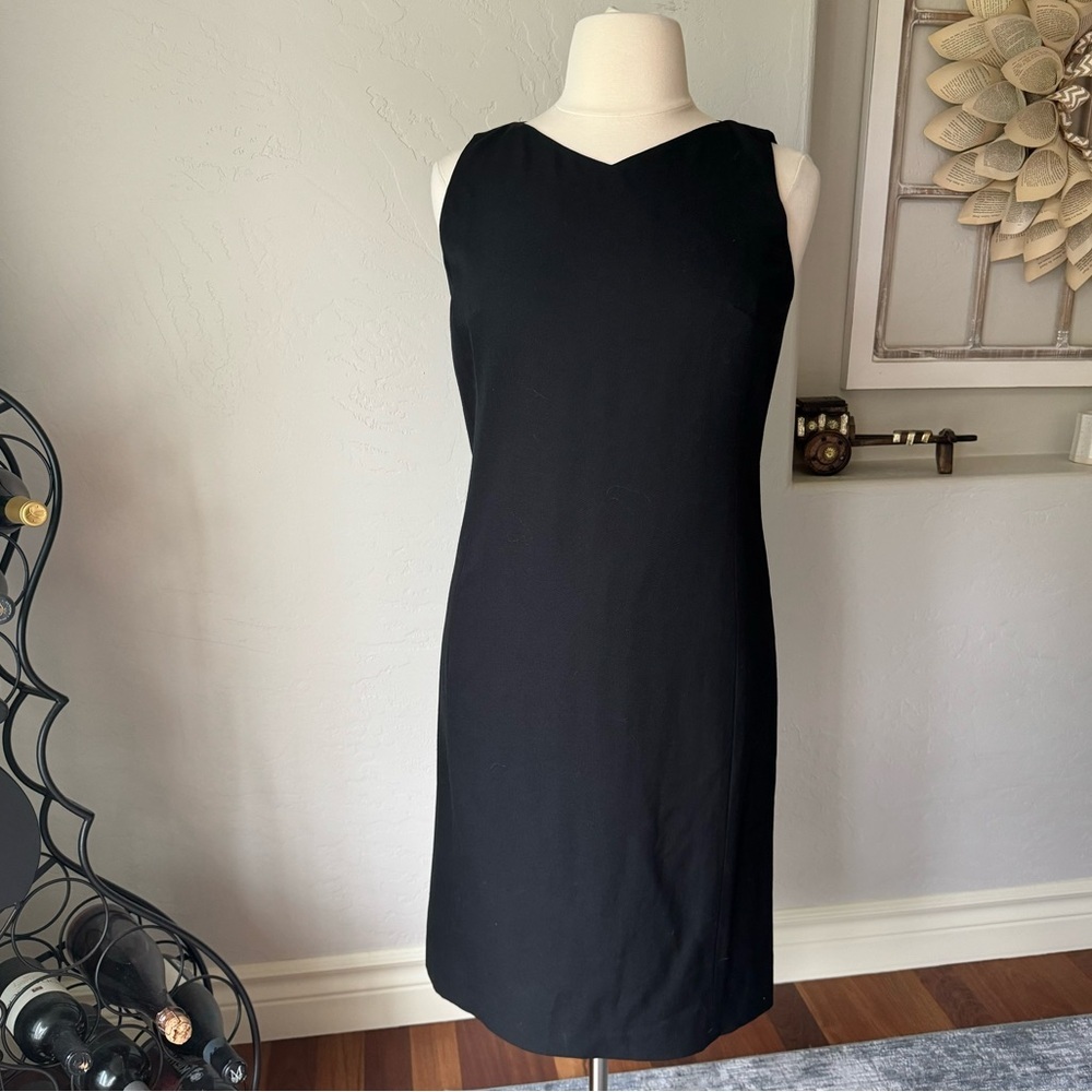 HW New York Womens Black‎ Short Sleeve V-Neck Wool Sheath Midi Dress Size 14
